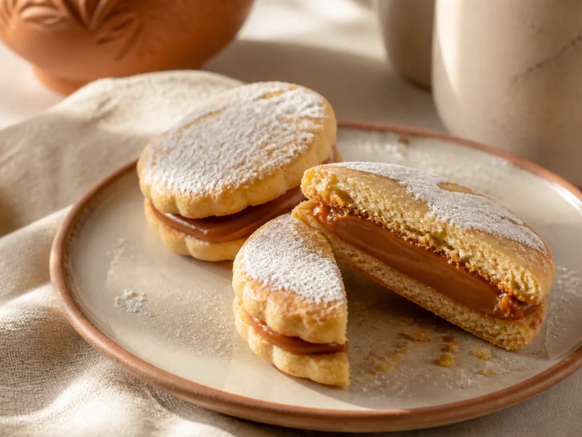 Pormenor de uma porção de Alfajores com Doce de Leite