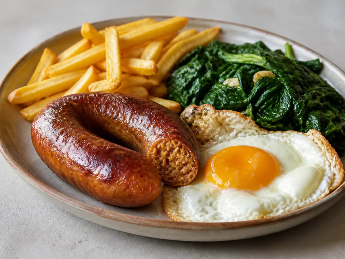 Pormenor de uma porção de Alheiras no Forno com Espinafres Salteados, Ovo Estrelado e Batata Frita