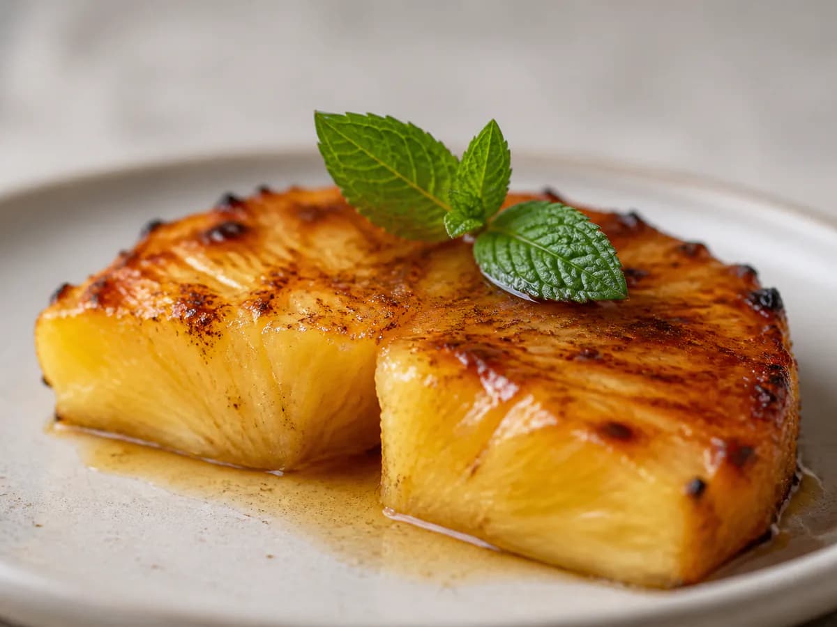Pormenor de uma porção de Ananás Assado no Forno com Especiarias e Mel