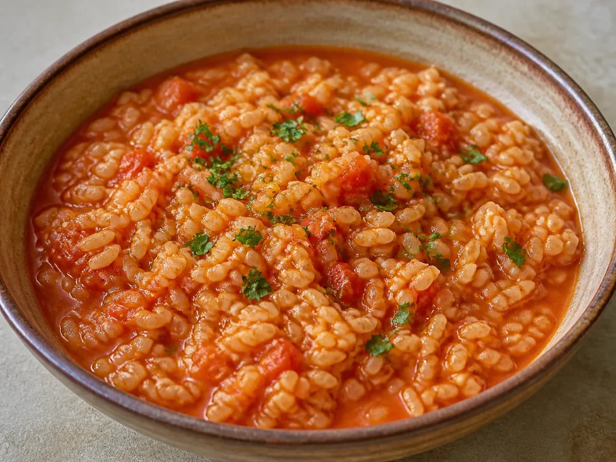 Pormenor de uma porção de Arroz de Tomate Caldoso com Coentros