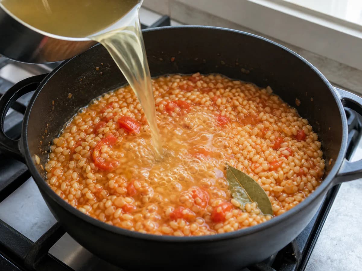 Preparação de Arroz de Tomate Caldoso com Coentros durante a confeção
