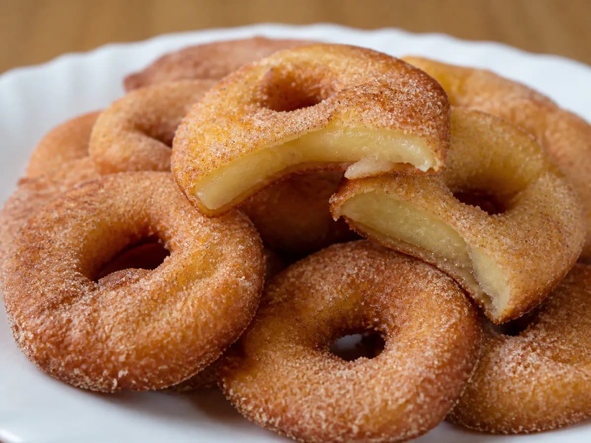 Pormenor de uma porção de Argolinhas de Maçã "Maravilhosas" (Muito Fáceis)