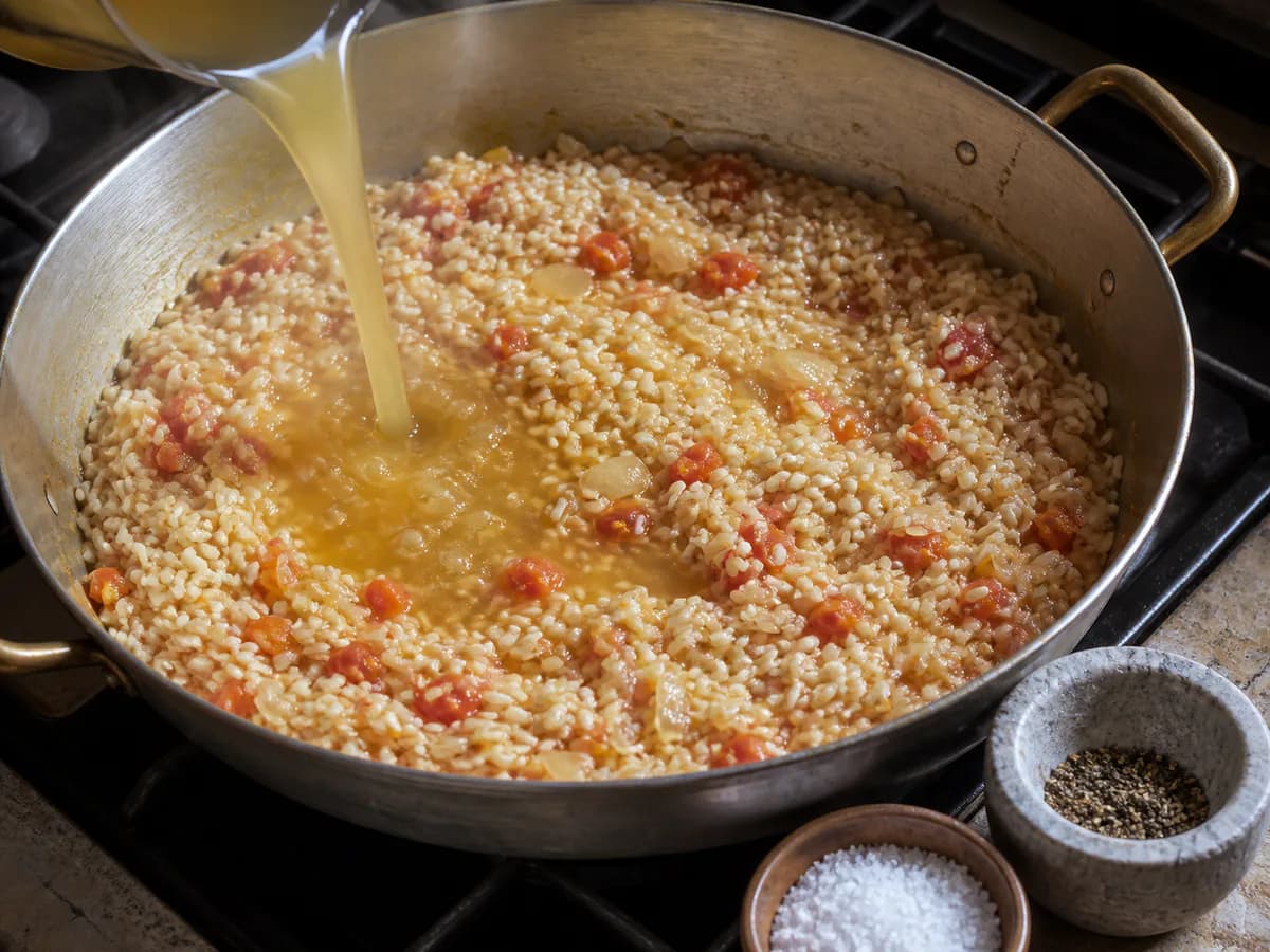 Preparação de Arroz de Berbigão em Caldo de Peixe durante a confeção