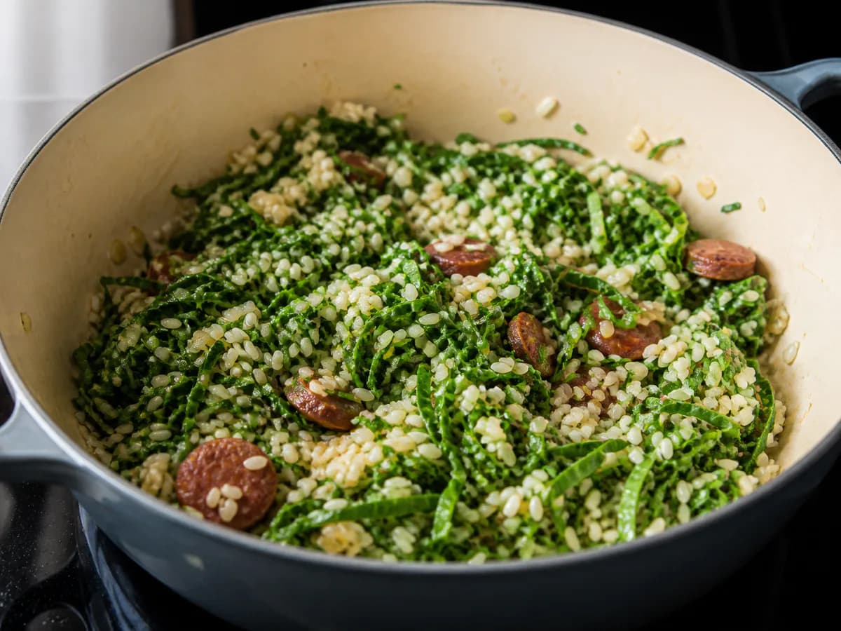 Preparação de Arroz de Couve Portuguesa durante a confeção