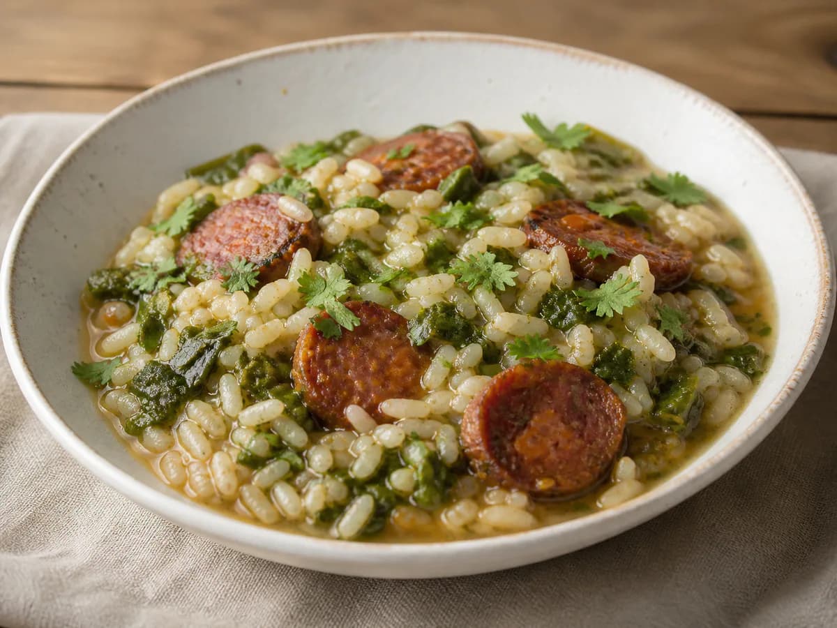 Pormenor de uma porção de Arroz de Espigos com Chouriço