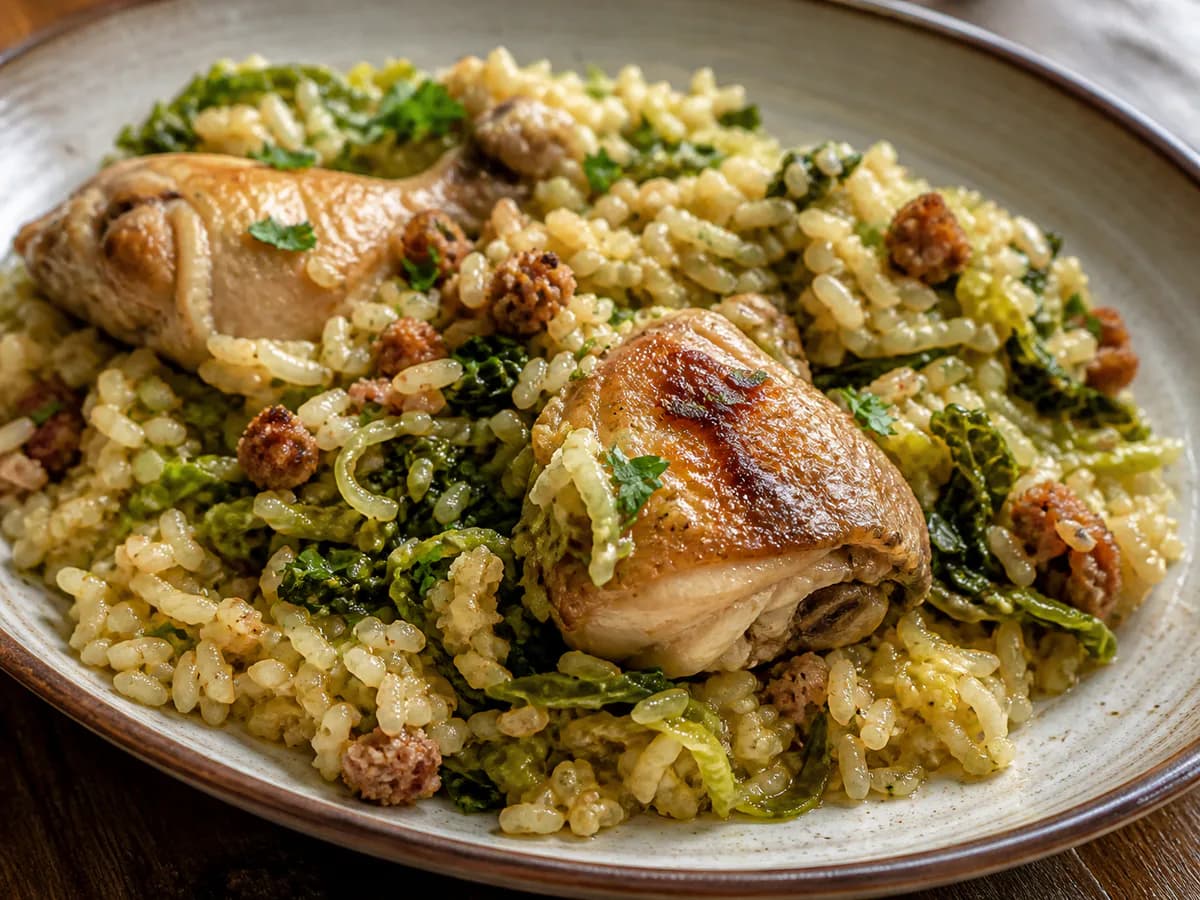 Pormenor de uma porção de Arroz de Frango com Farinheira e Couve