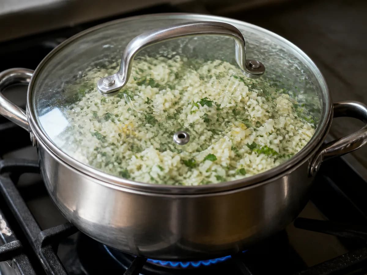 Preparação de Arroz de Limão, Coco e Ervas Aromáticas durante a confeção