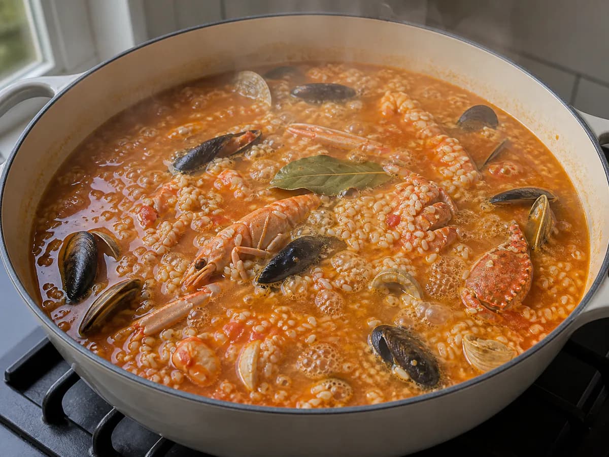 Preparação de Arroz de Marisco à Pescador durante a confeção