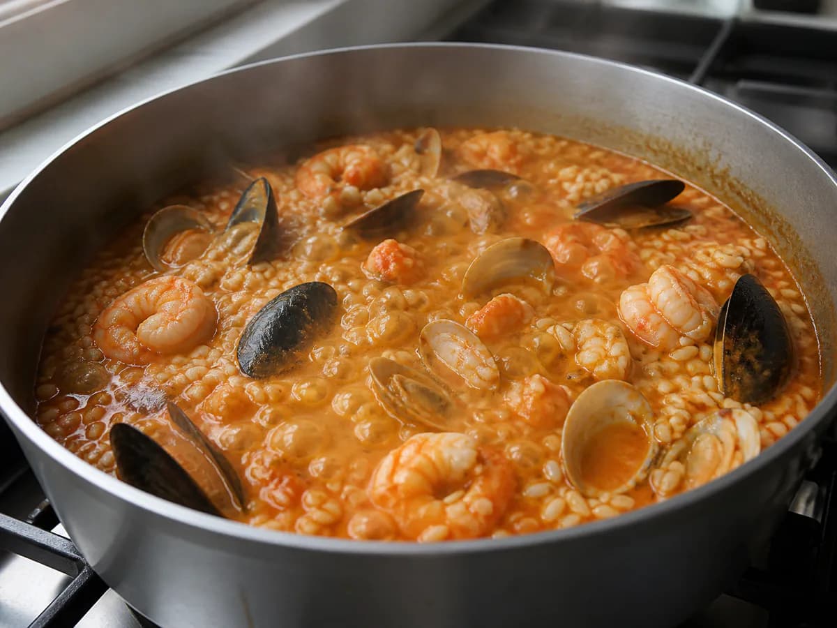 Preparação de Arroz de Marisco Rápido e Saboroso durante a confeção