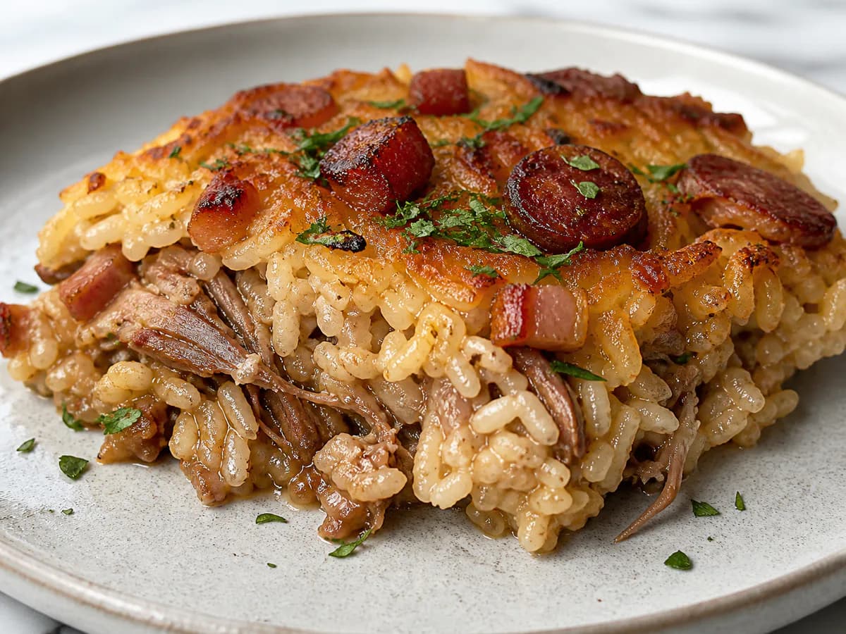 Pormenor de uma porção de Arroz de Pato com Laranja