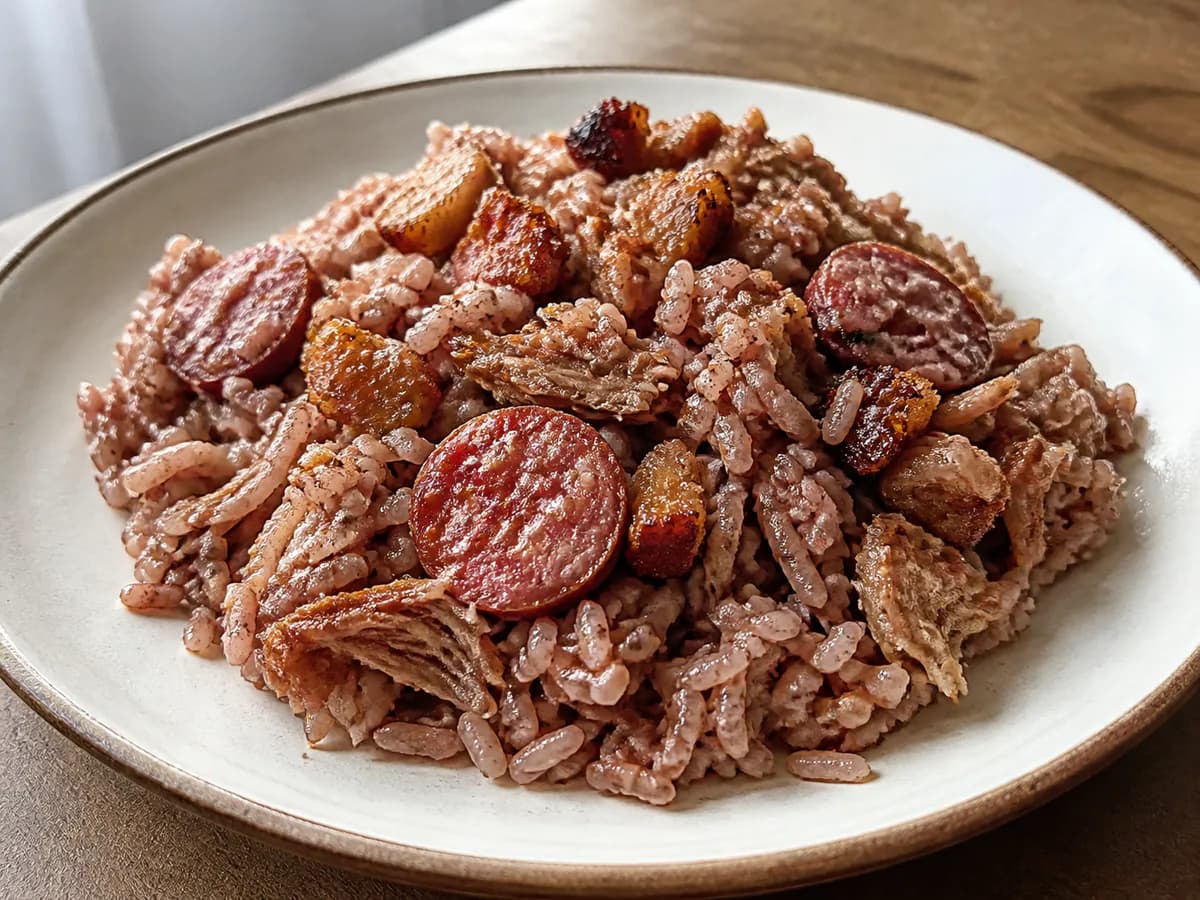 Pormenor de uma porção de Arroz de Pato com Vinho Tinto