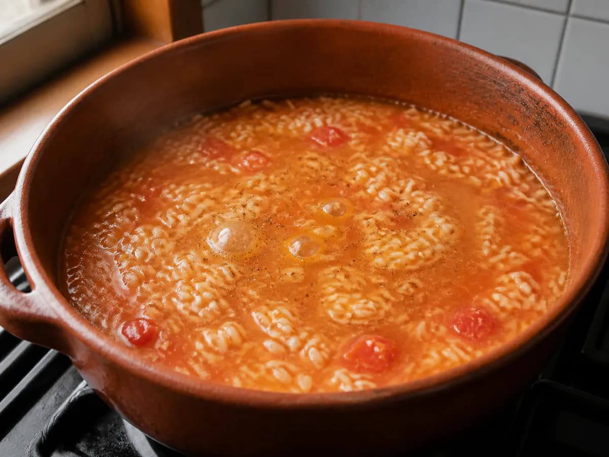 Preparação de Arroz de Peixe com Berbigão durante a confeção