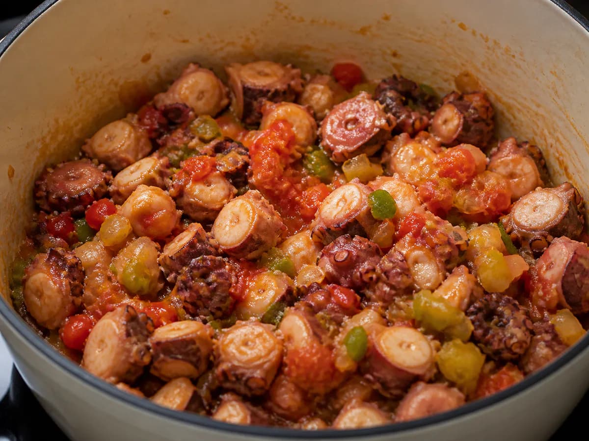 Pormenor de uma porção de Arroz de Polvo com Tomate e Vinho Branco