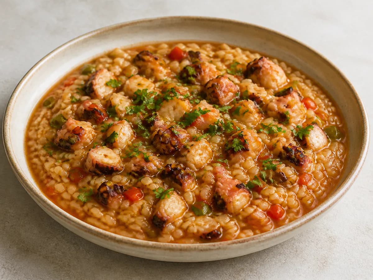 Preparação de Arroz de Polvo com Tomate e Vinho Branco durante a confeção