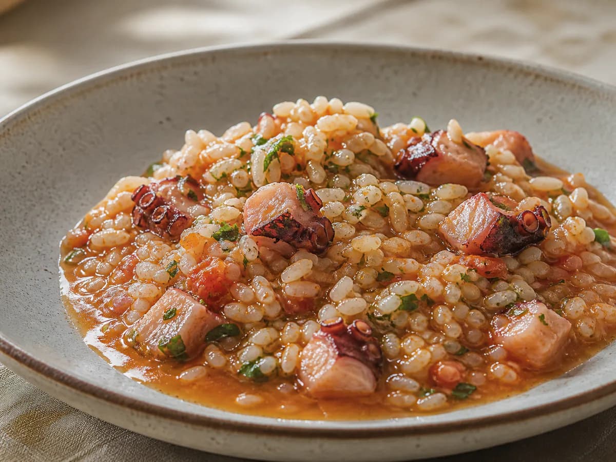 Pormenor de uma porção de Arroz de Polvo Receita do Chefe