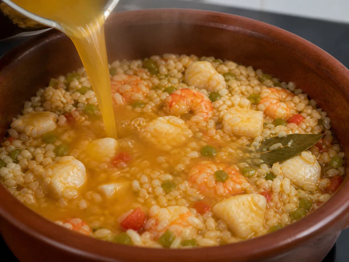 Preparação de Arroz de Tamboril e Camarão durante a confeção