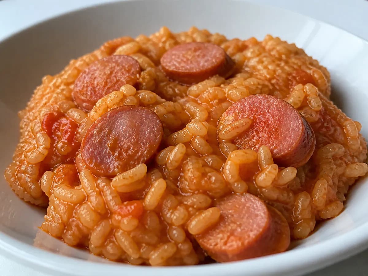 Pormenor de uma porção de Arroz de Tomate com Salsichas