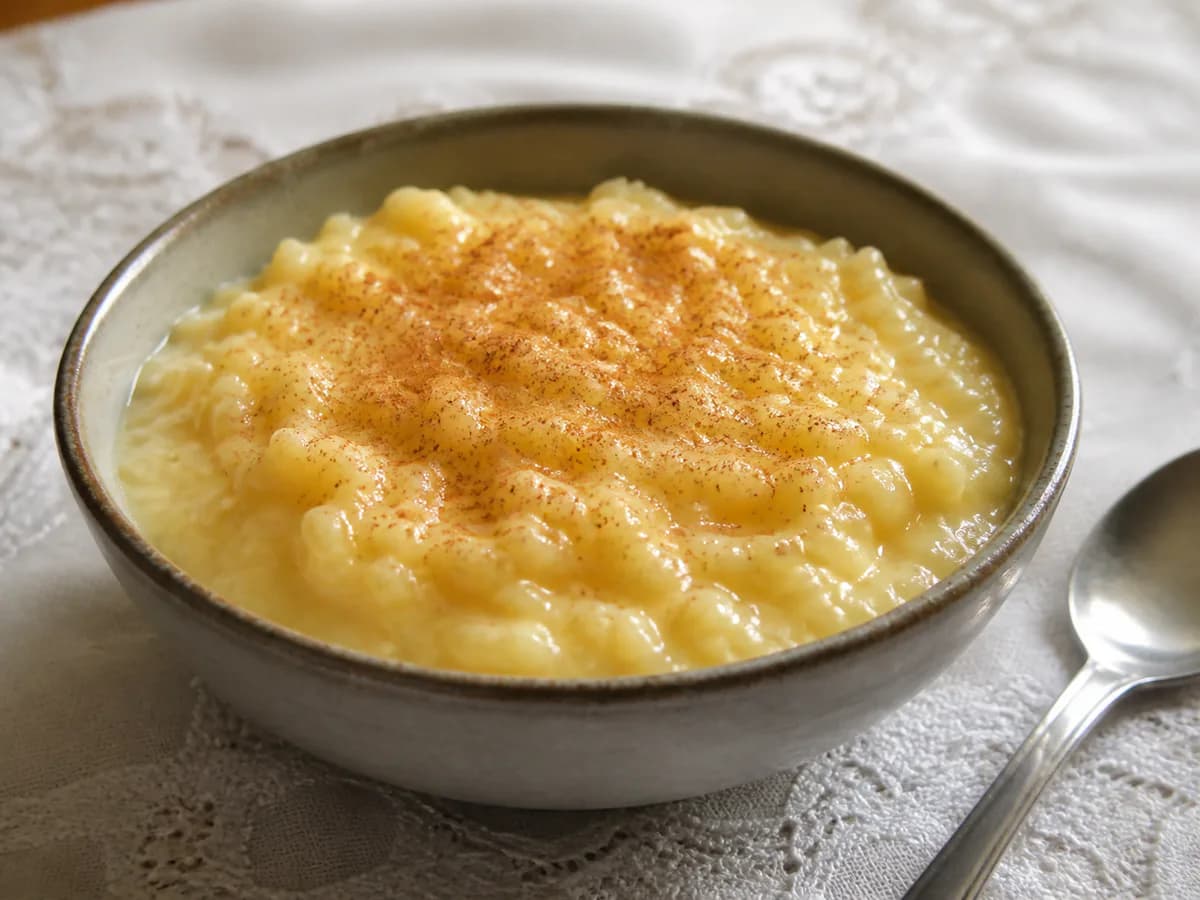 Pormenor de uma porção de Arroz Doce Cremoso com Quatro Gemas