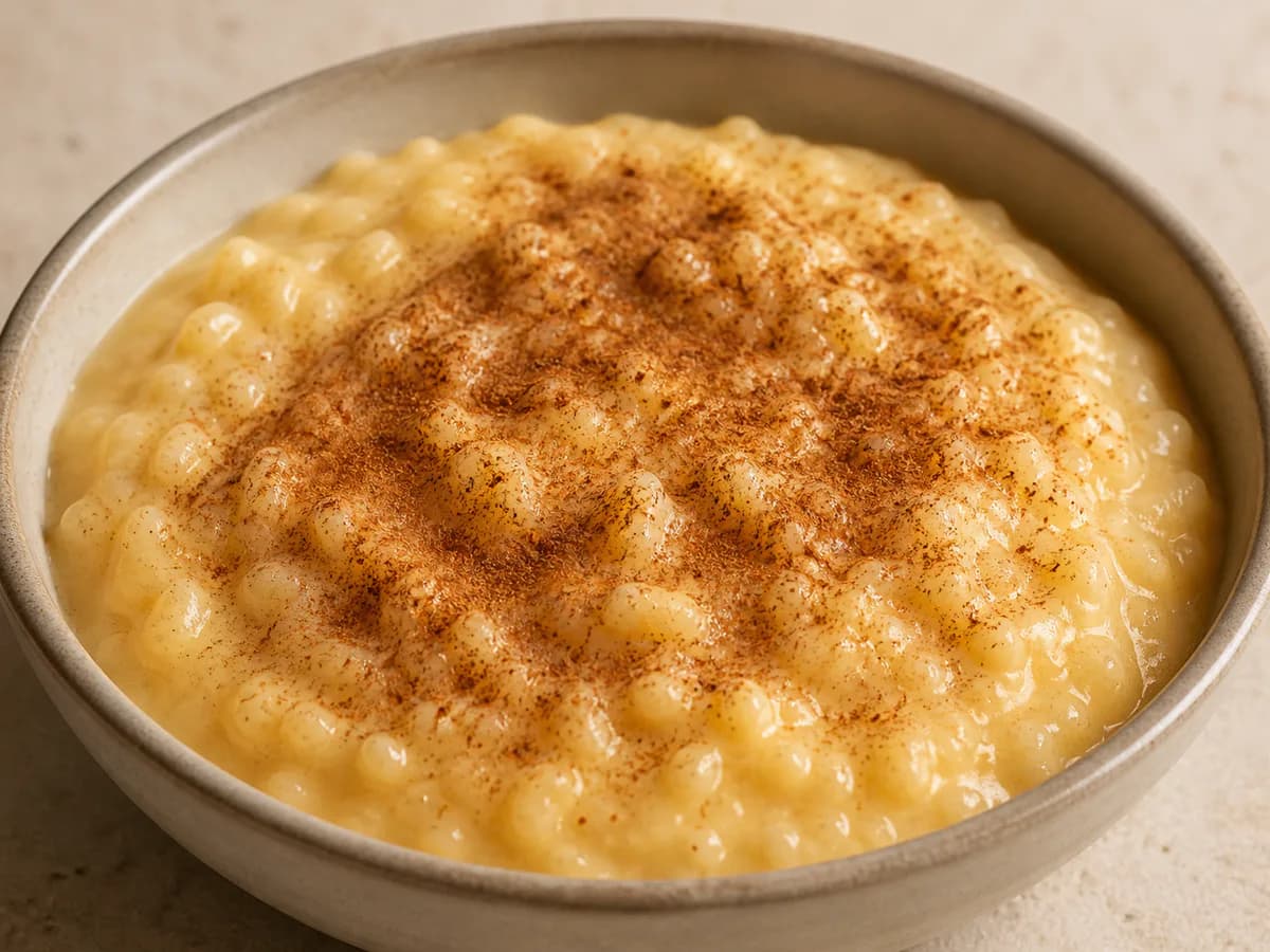 Pormenor de uma porção de Arroz Doce com Seis Gemas