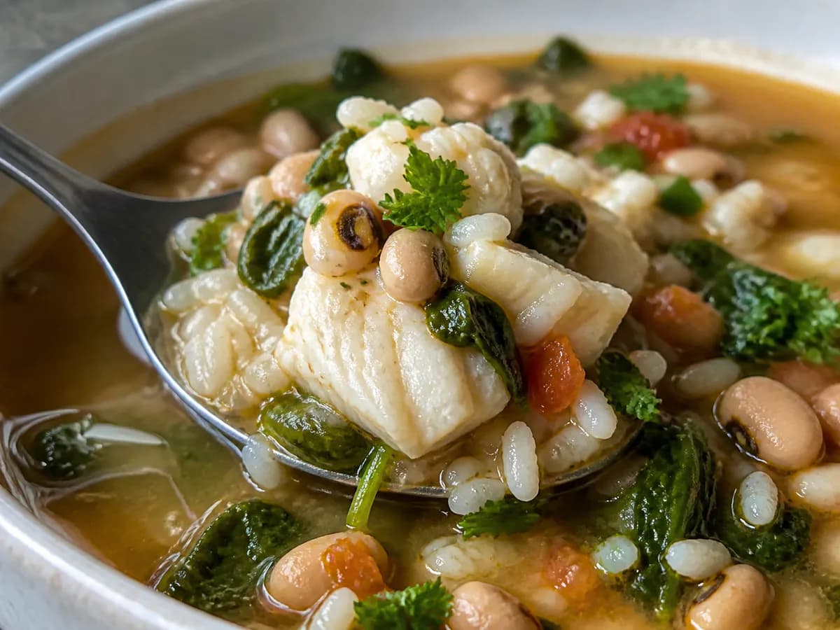 Pormenor de uma porção de Arroz de Peixe com Espinafres e Feijão Frade