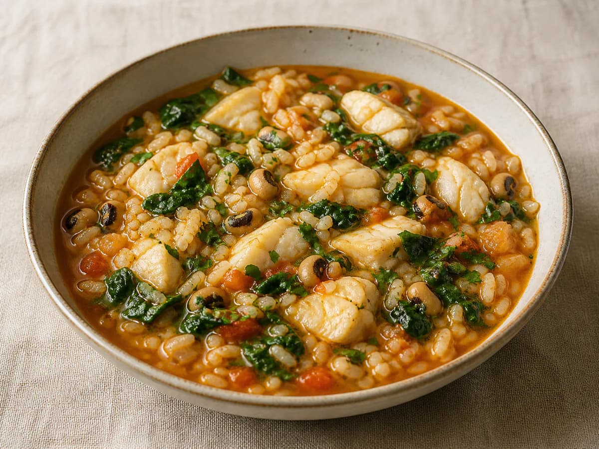 Arroz de Peixe com Espinafres e Feijão Frade