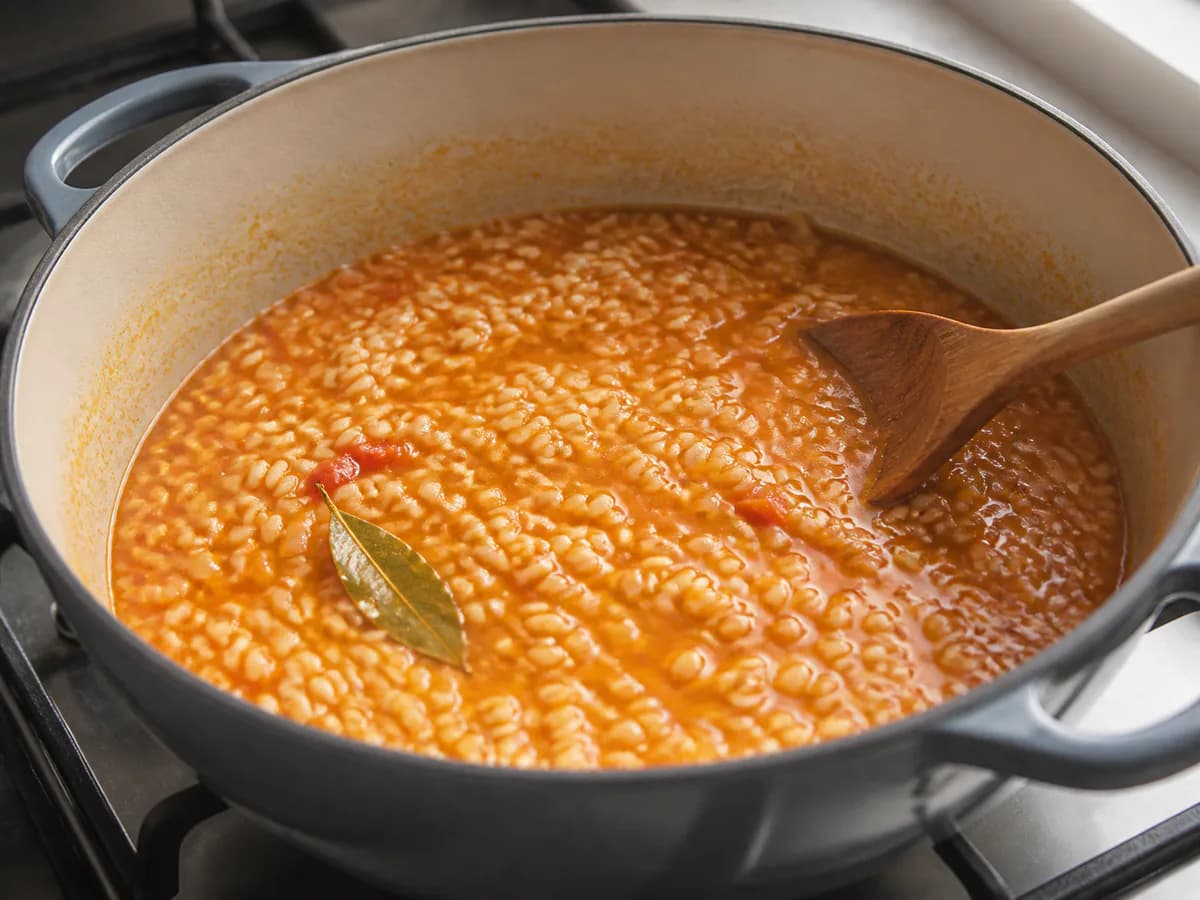 Preparação de Arroz de Peixe com Espinafres e Feijão Frade durante a confeção