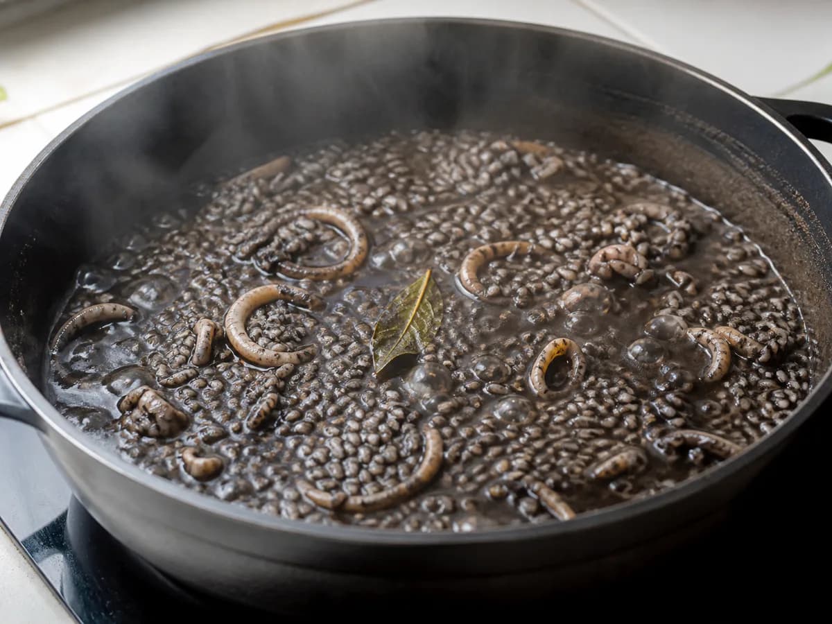 Preparação de Arroz Preto com Lulas e Camarão durante a confeção