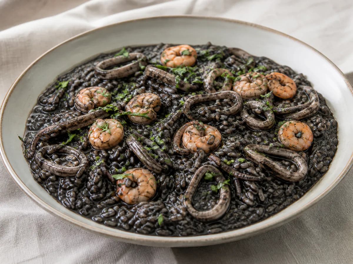 Arroz Preto com Lulas e Camarão