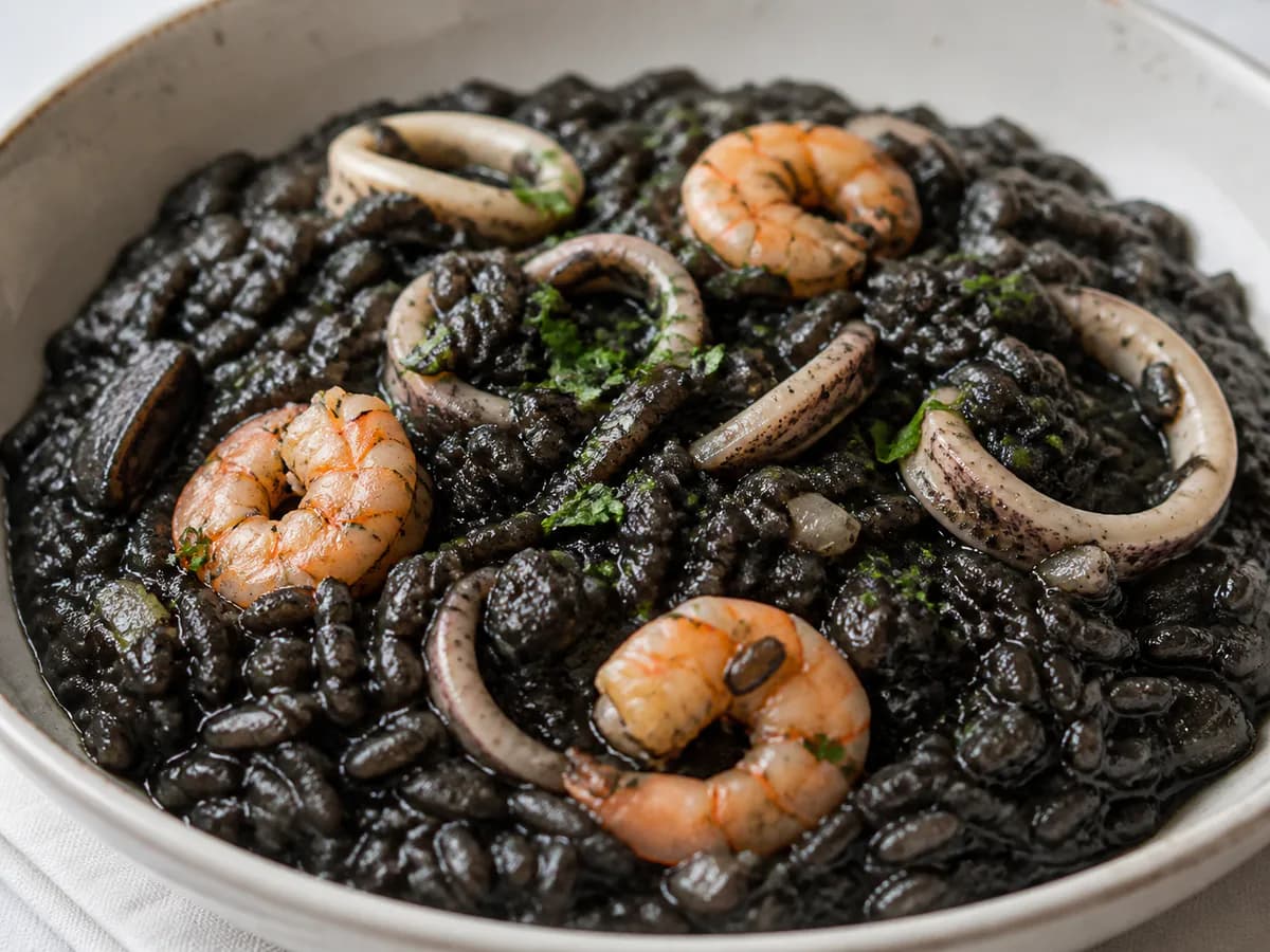Pormenor de uma porção de Arroz Preto com Lulas e Camarão