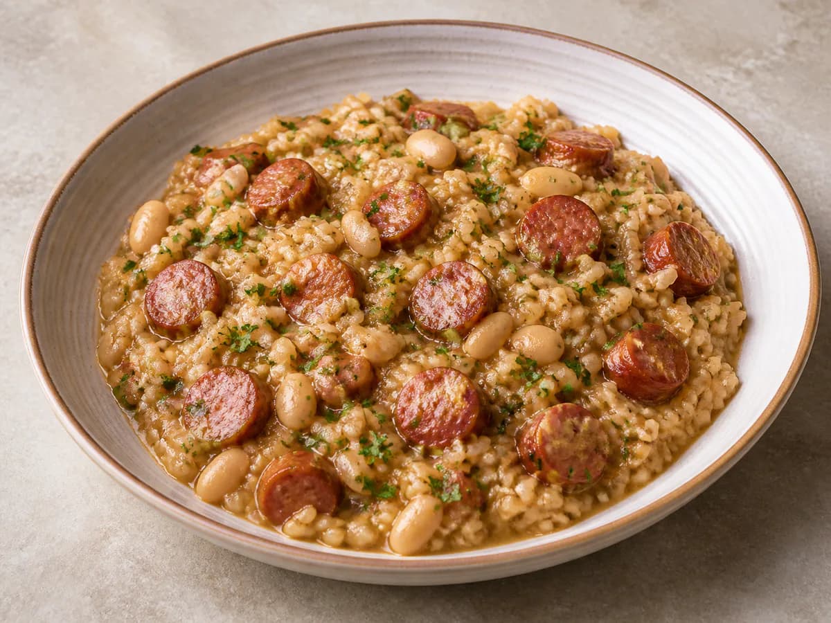 Arroz de Salsichas e Feijão Manteiga