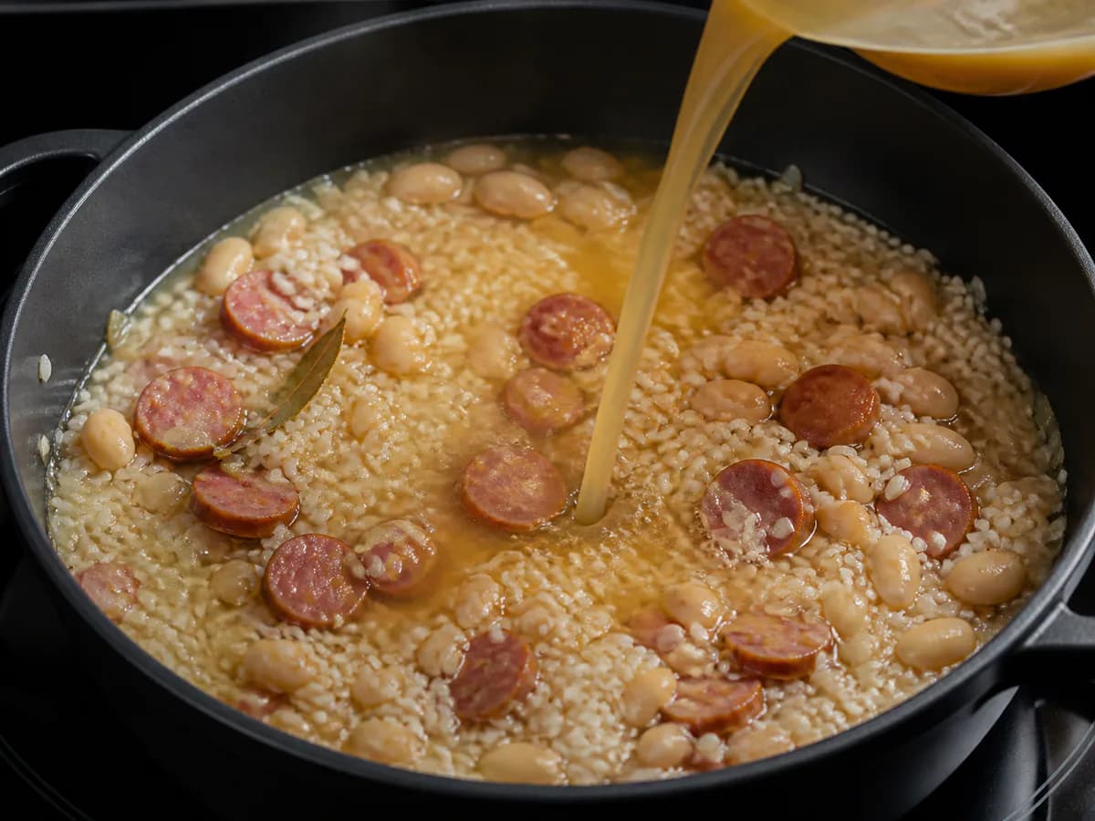 Preparação de Arroz de Salsichas e Feijão Manteiga durante a confeção