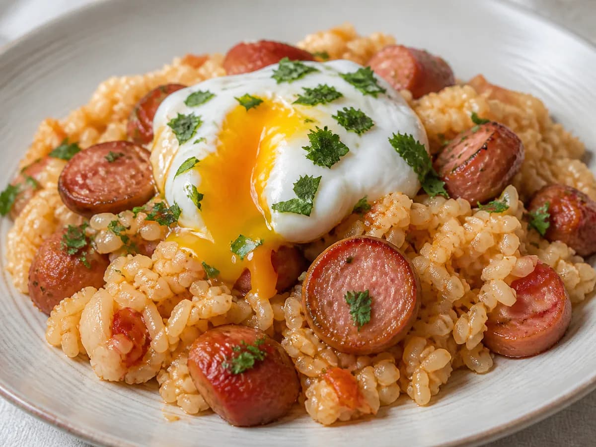 Pormenor de uma porção de Arroz com Salsicha, Linguiça e Ovo Escalfado
