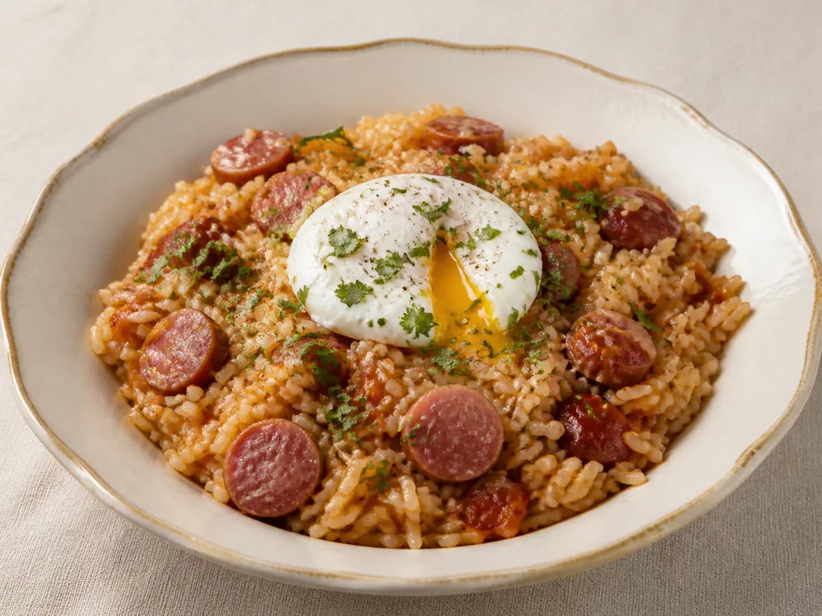 Arroz com Salsicha, Linguiça e Ovo Escalfado