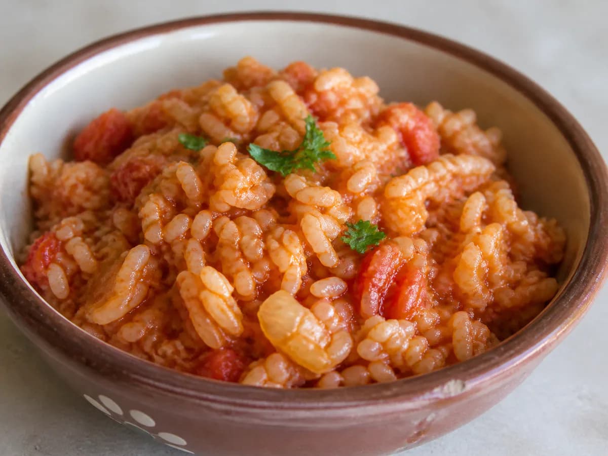 Pormenor de uma porção de Arroz de Tomate - Um Acompanhamento Delicioso