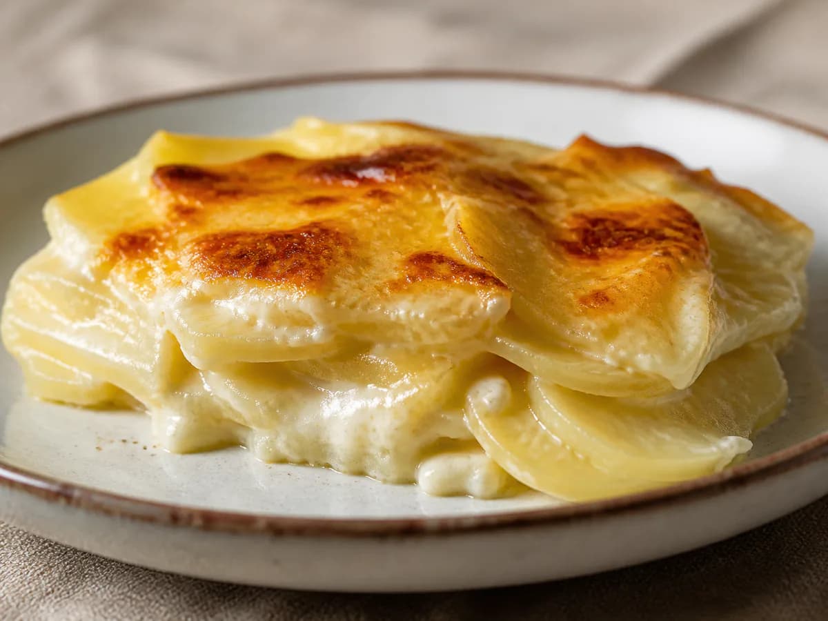 Pormenor de uma porção de Batatas Gratinadas Cremosas à Portuguesa
