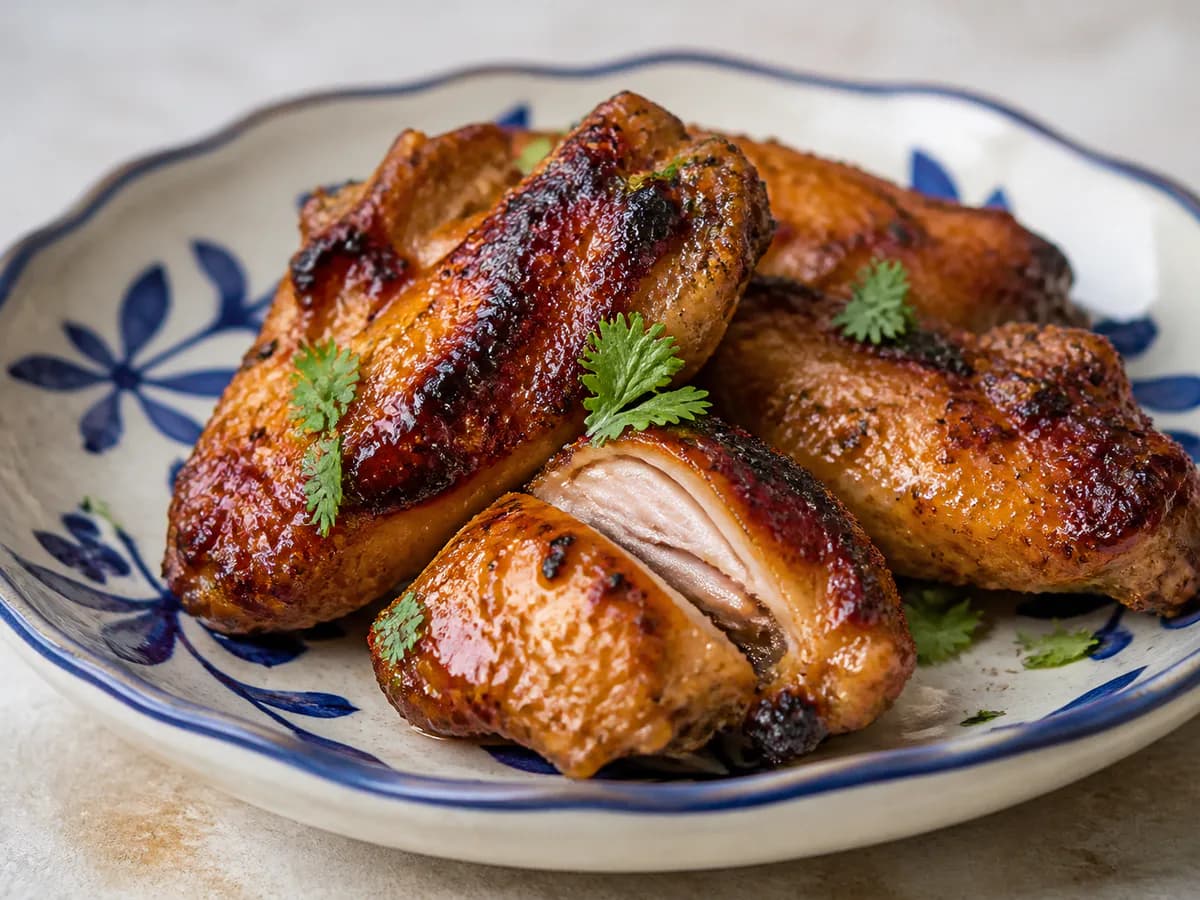 Pormenor de uma porção de Asas de Frango Picantes com Sumo de Lima e Mel