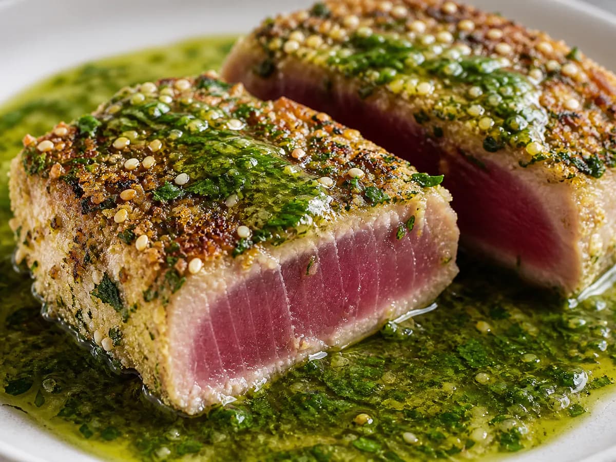 Pormenor de uma porção de Atum Selado com Crosta de Wasabi e Molho Verde Fresco