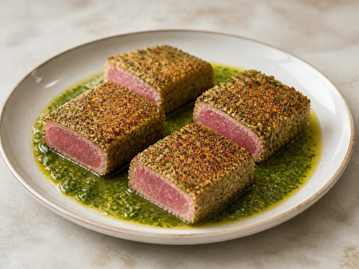 Atum Selado com Crosta de Wasabi e Molho Verde Fresco