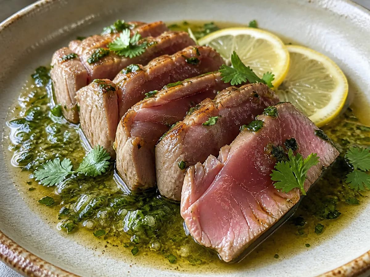 Pormenor de uma porção de Atum Selado com Molho Verde de Coentros e Toque de Wasabi