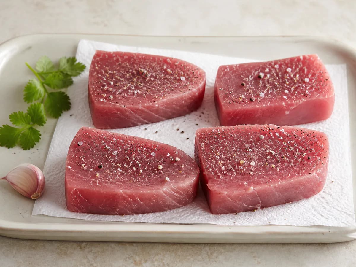 Preparação de Atum Selado com Molho Verde de Coentros e Toque de Wasabi durante a confeção