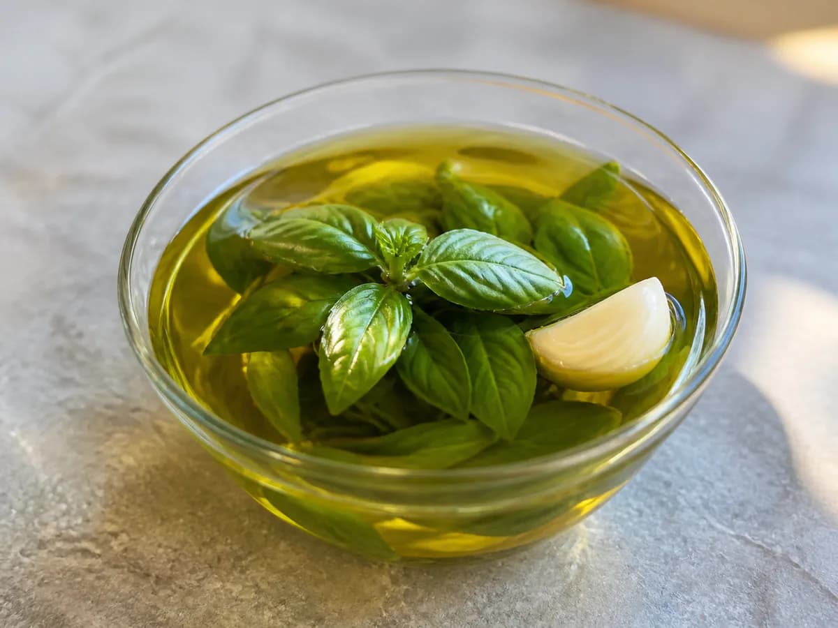 Pormenor de uma porção de Azeite Aromatizado com Manjericão Fresco
