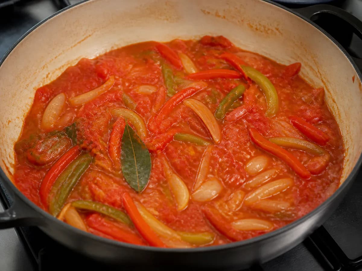 Preparação de Bacalhau à Catalã durante a confeção