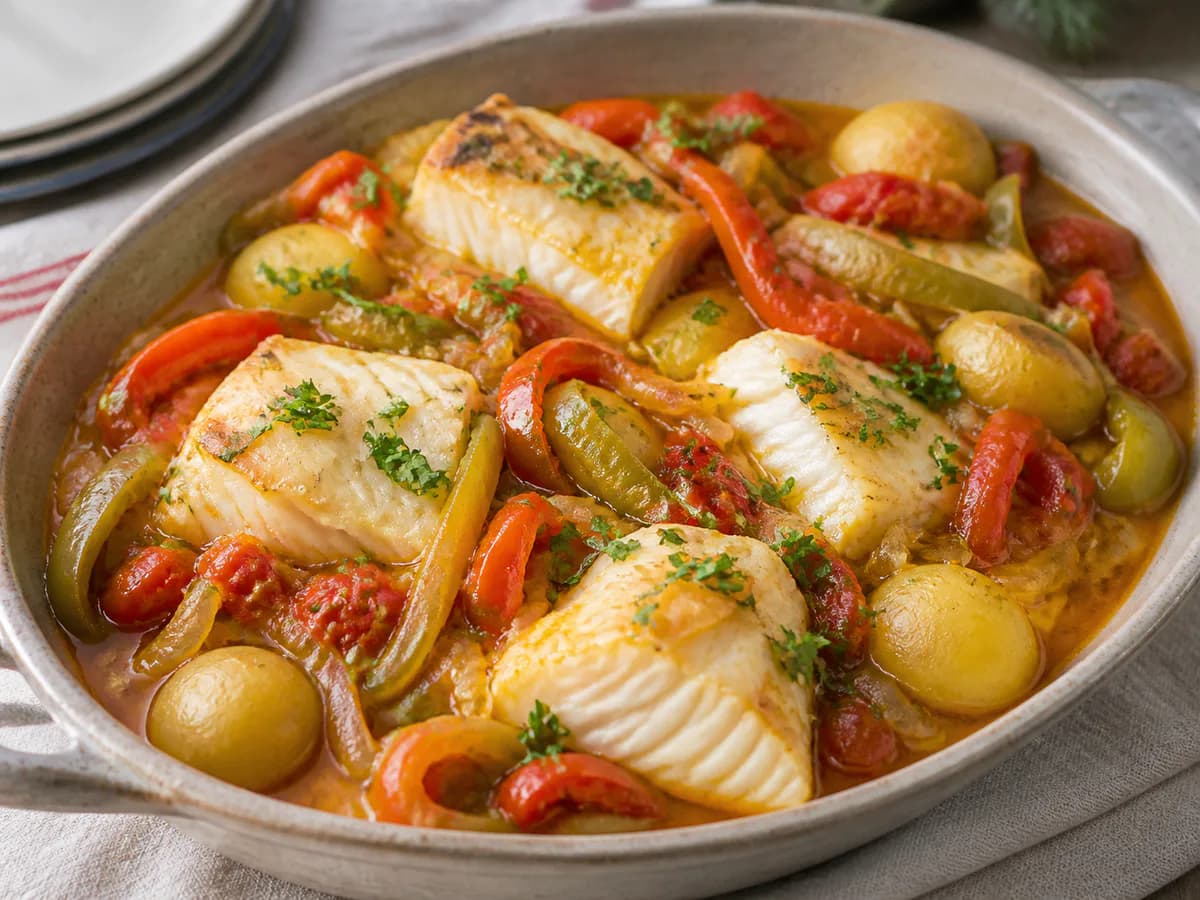 Pormenor de uma porção de Bacalhau à Catalã