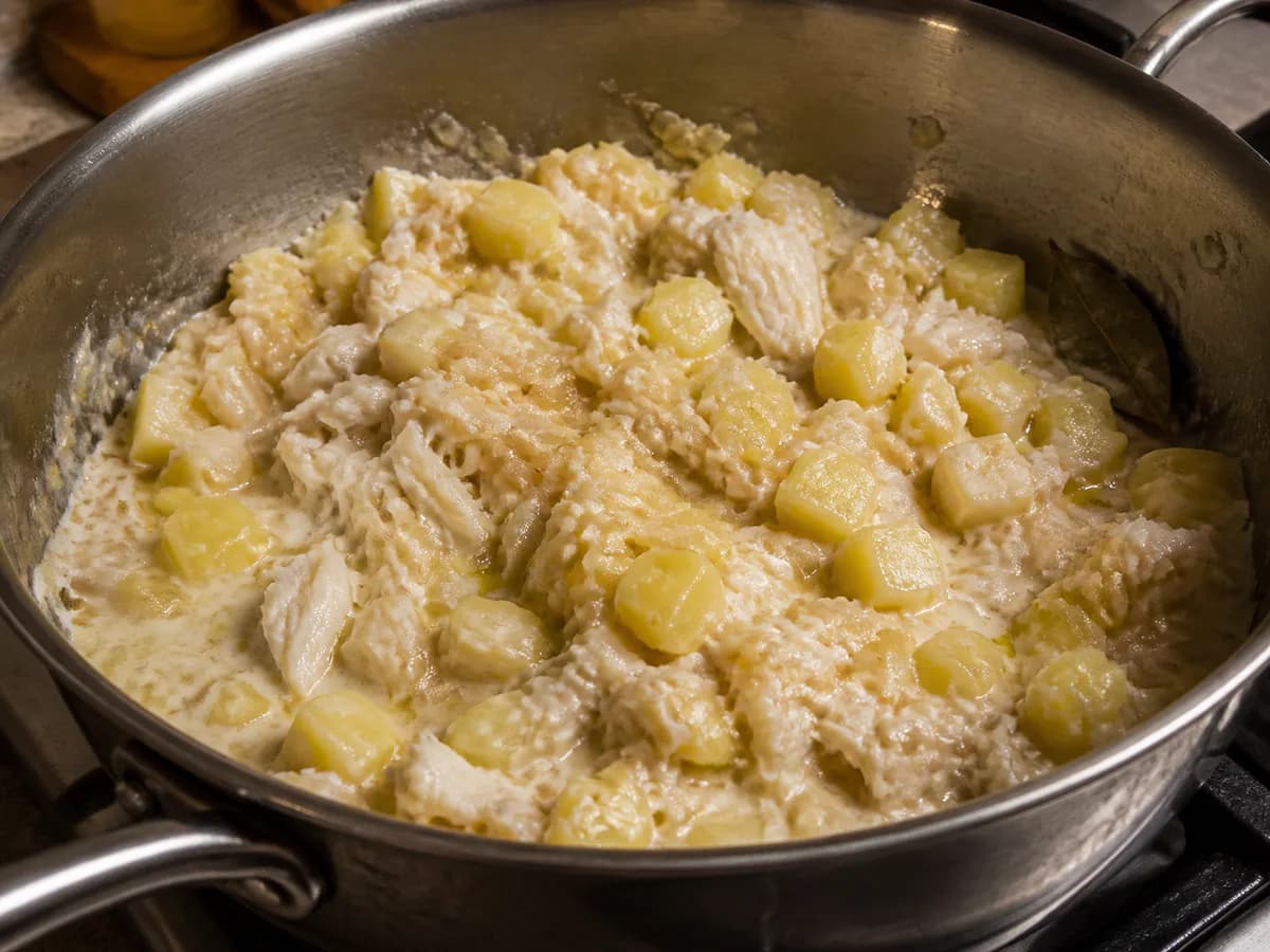 Preparação de Bacalhau à Conde durante a confeção