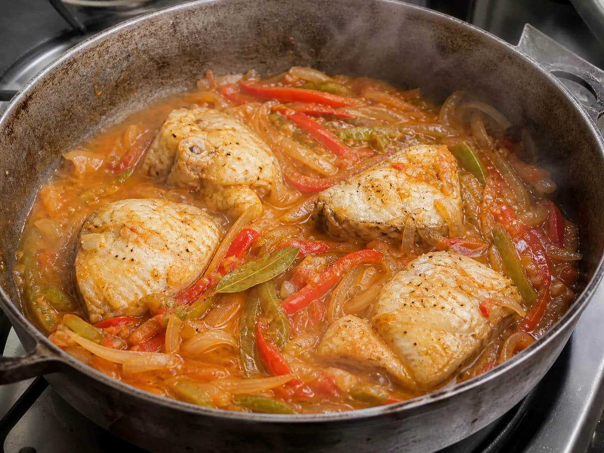 Preparação de Bacalhau à Marinheiro durante a confeção