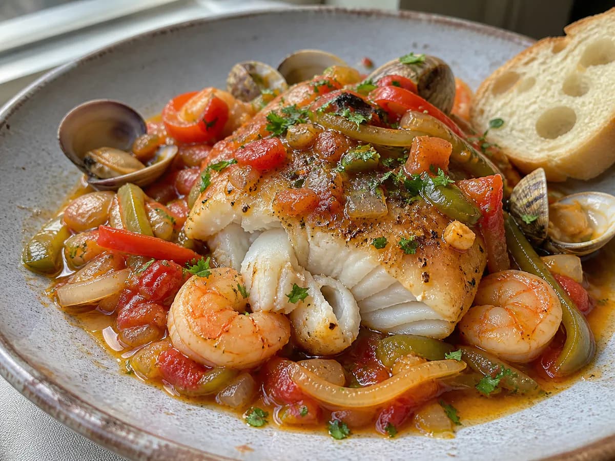 Pormenor de uma porção de Bacalhau à Marinheiro