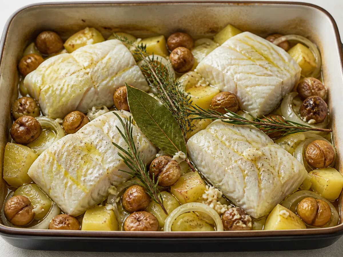 Preparação de Bacalhau Assado com Castanhas e Batatas durante a confeção