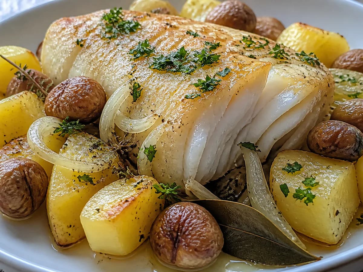 Pormenor de uma porção de Bacalhau Assado com Castanhas e Batatas