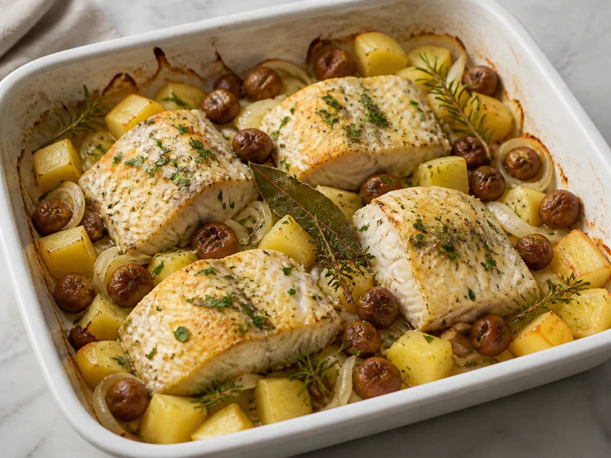 Bacalhau Assado com Castanhas e Batatas