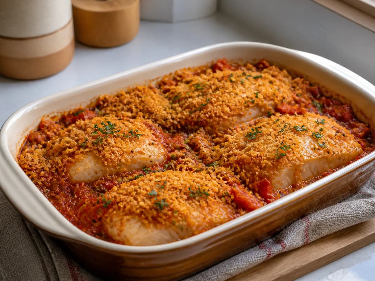 Bacalhau Assado com Molho Vermelho e Cobertura de Broa de Milho